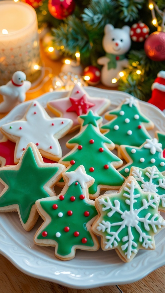 Classic Christmas Sugar Cookies A plate of colorful Christmas sugar cookies in festive shapes, decorated with icing and sprinkles.